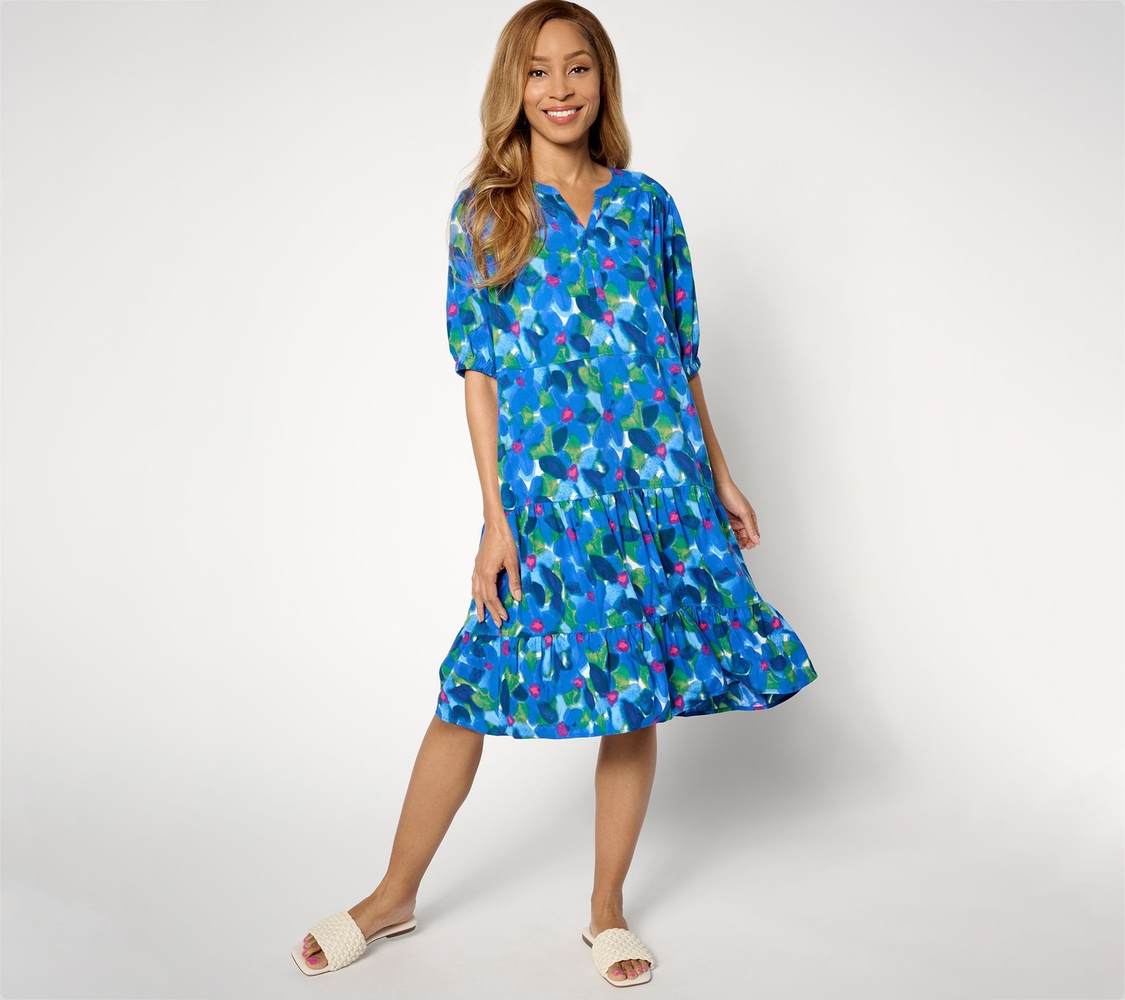 LOGO by Lori Goldstein Women’s Dress Sz XL Printed Woven Tiered Blue A650027