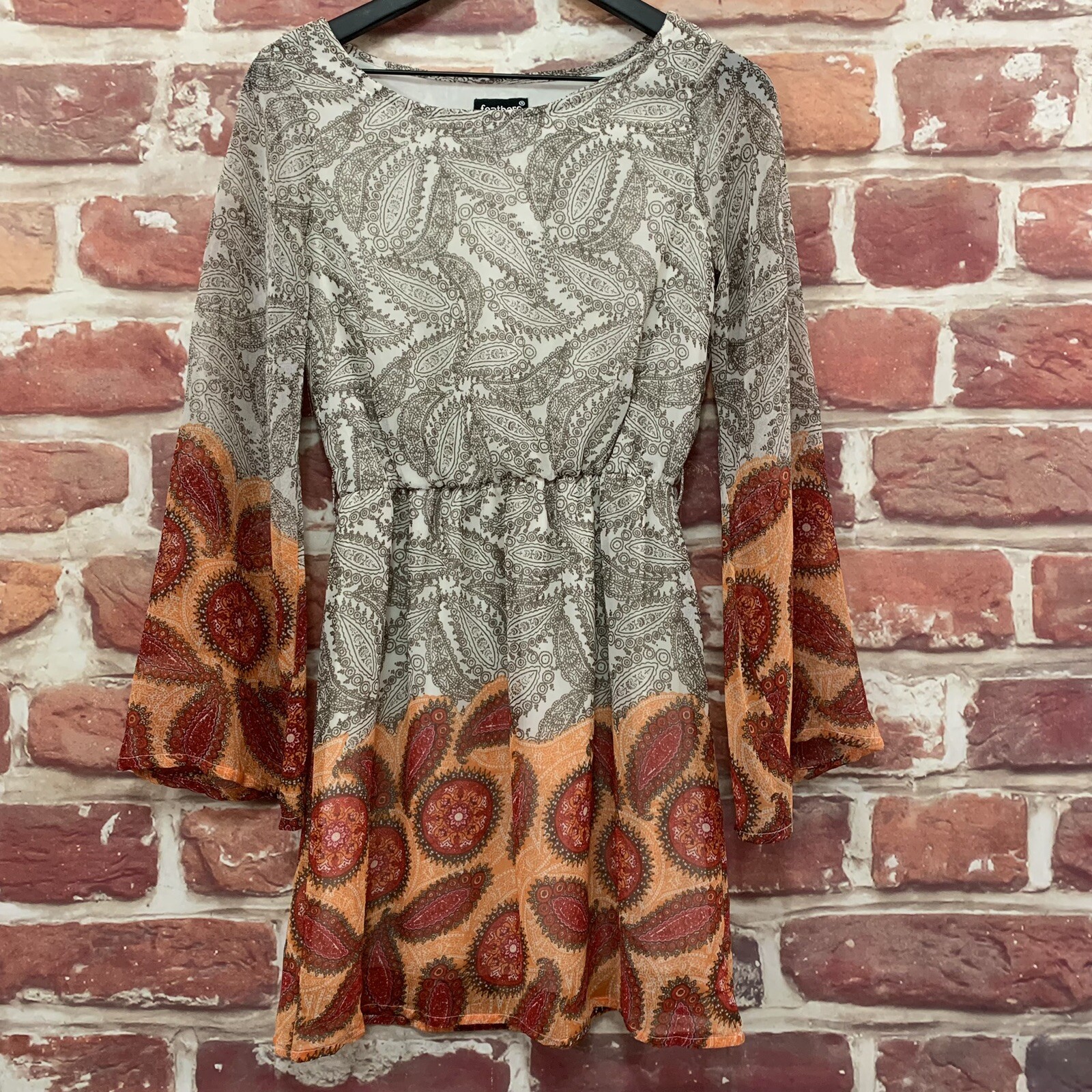 Feathers Dress Womens Small White Taupe Multicolor Boho Paisley Floral Pullover