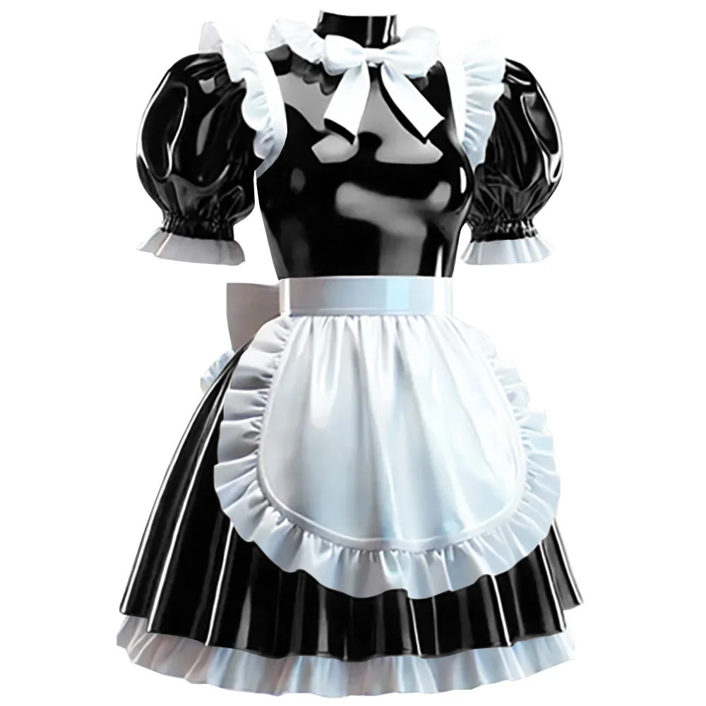 Lockable Maid Fancy Dress with Apron Crossdress PVC Leather Pleated Maid Costume