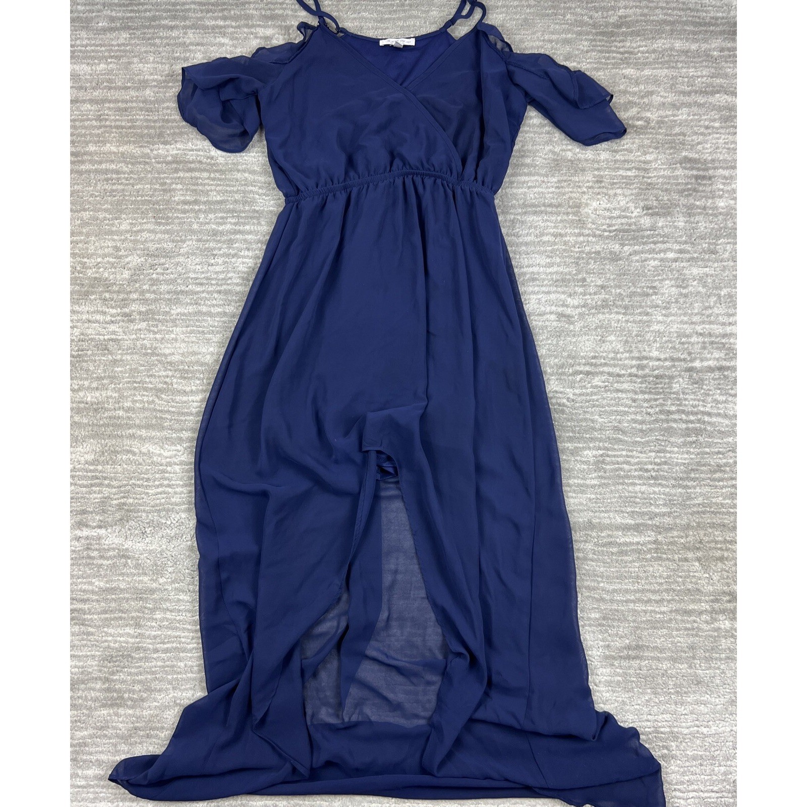 Moa Moa Maxi Dress Womens S Navy Blue Cold Shoulder High Low Chiffon Ruffle Slit