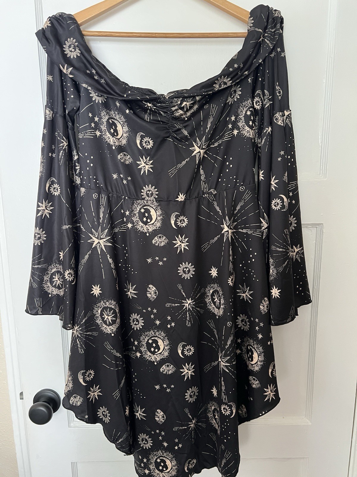 Womens XL Celestial Moon Stars Sun Off Shoulder Mini Dress Bell Sleeve Goth Boho