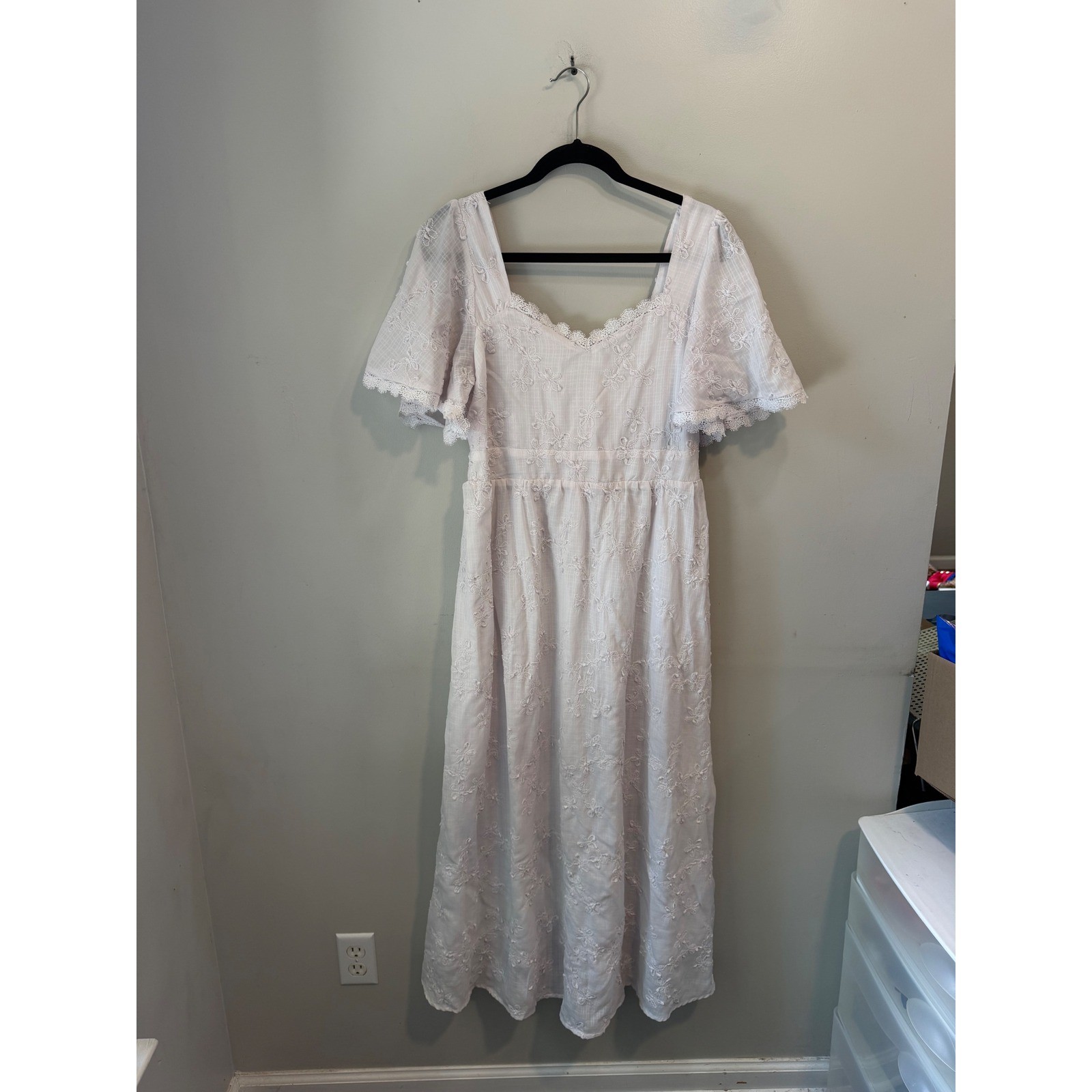 Shein White Eyelet Embroidered Maxi Dress Flutter Sleeve Smocked Back Large