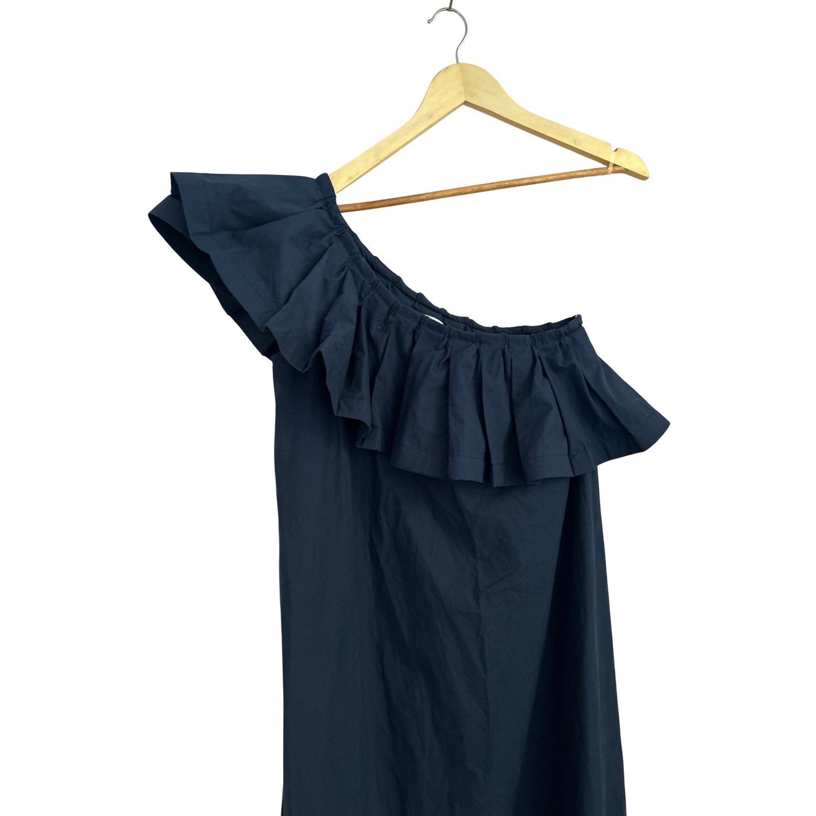 Never a Wallflower Cotton One Shoulder Navy Ruffle Midi Dress Small NWT