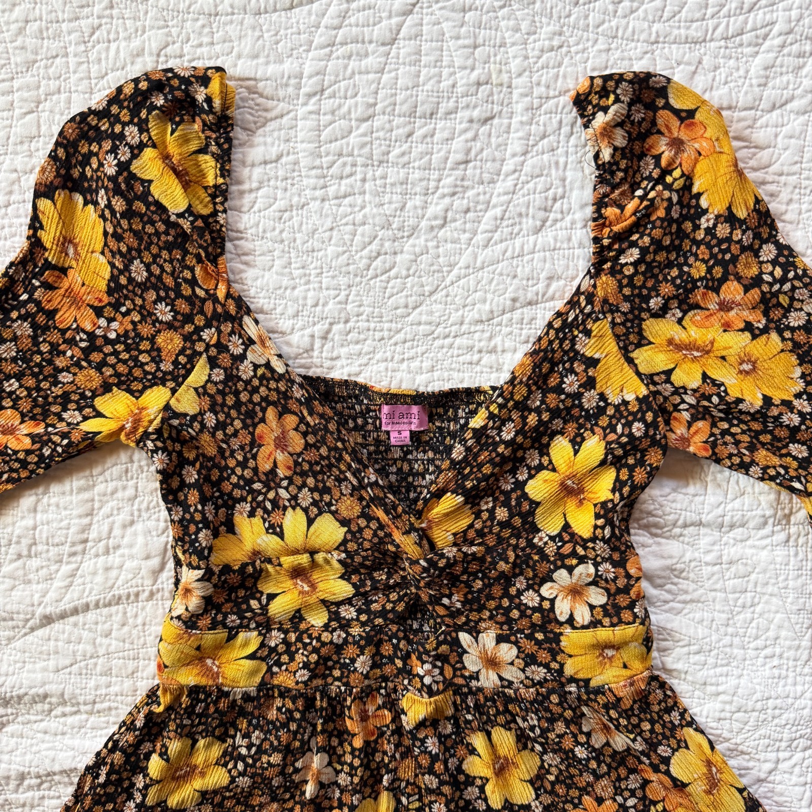 Boho-Chic 70s Hippie Floral Mini Dress Bell Sleeves Sz S Cottagecore Whimsigoth