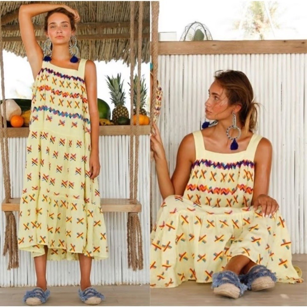 All Thing Mochi Remi Embroidered Rainbow Linen Midi Dress XS Yellow Sundress