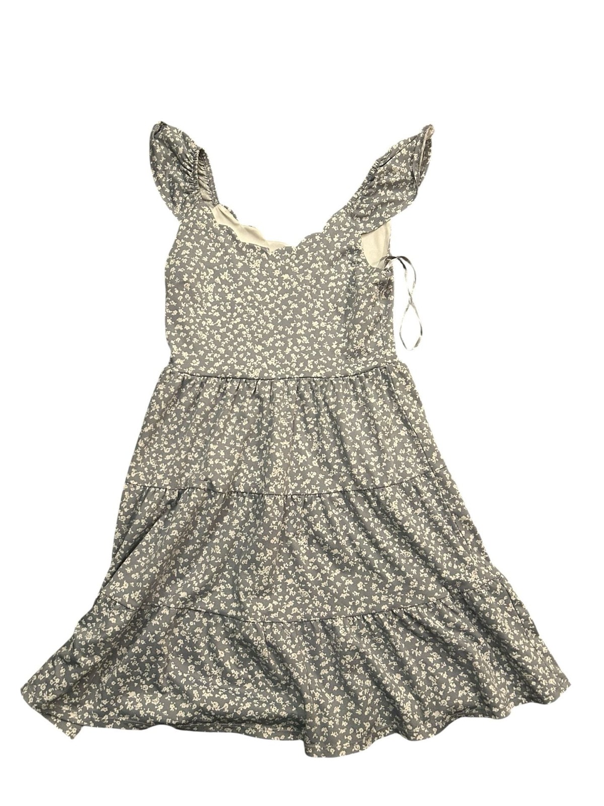 Monteau Los Angeles Blue and White Floral Tiered Mini Dress with Ruffled Sleeves