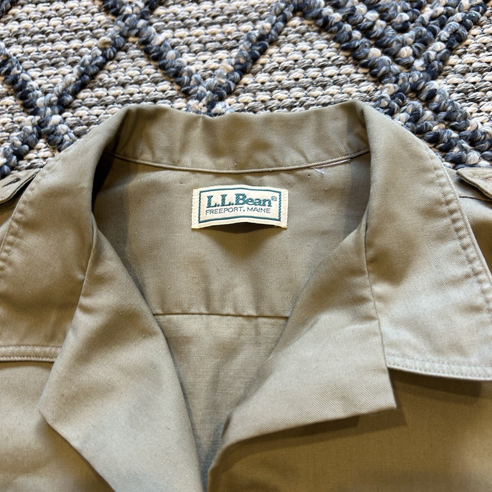 Vintage 80s LL Bean Khaki Beige Button-Up Midi Utility Safari Camp Shirt Dress L