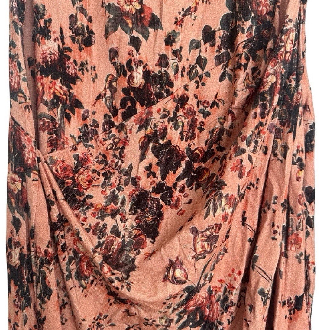 Peruvian Connection Peach Multicolor Floral/Bird Print Wrap Midi Dress XS