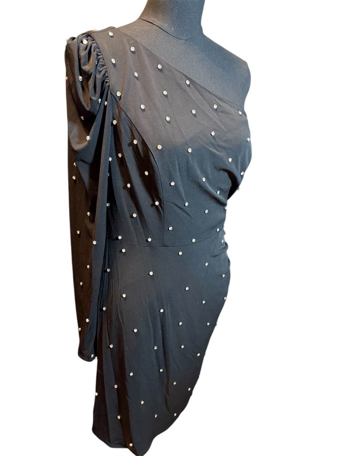 Mac Duggal 55667 Rhinestone Encrusted One Shoulder Long Sleeve Mini Dress Size 8