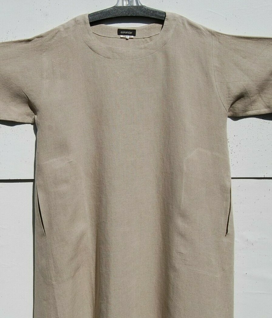 Eskandar Size (1) NATURAL Medium Weight Linen 52″ Long Imperial Dress w/Pockets