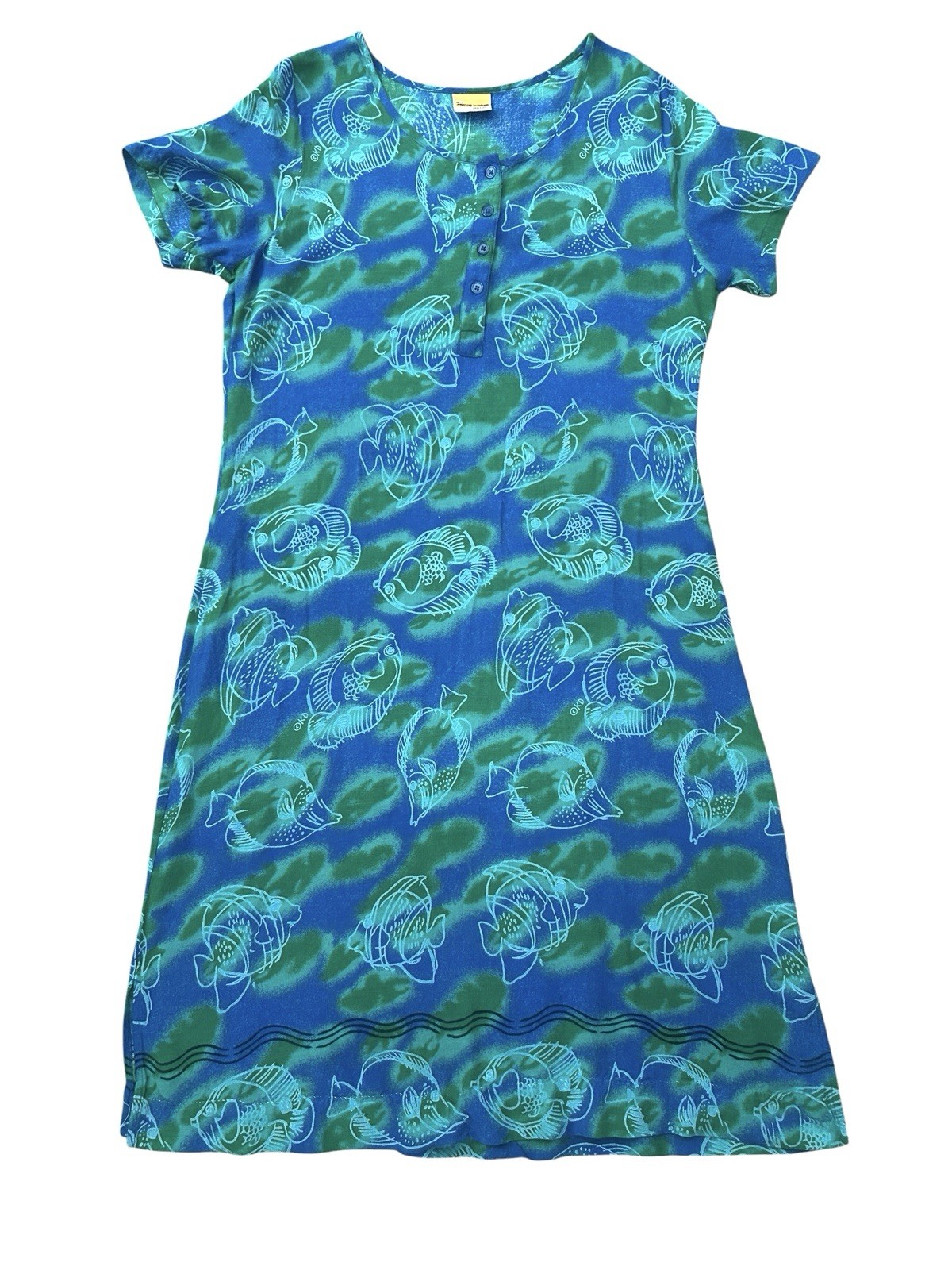Vintage Ken Done Down Under Dress Large Blue Tropical Fish Maxi Sundress Resort