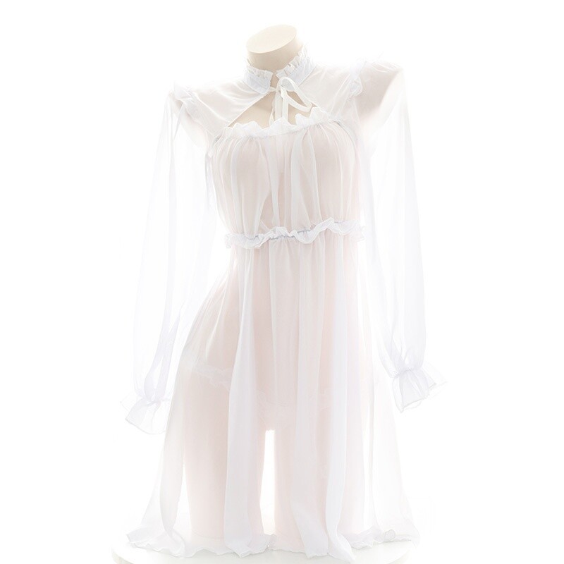 Women Mesh Night Dress Thong Long Sleeve Ruffle Lolita See-through Sexy Lingerie