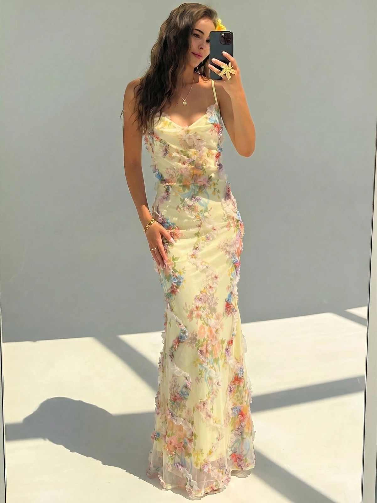 Ladies Elegant Light Yellow Ruffle Collar Maxi Dress