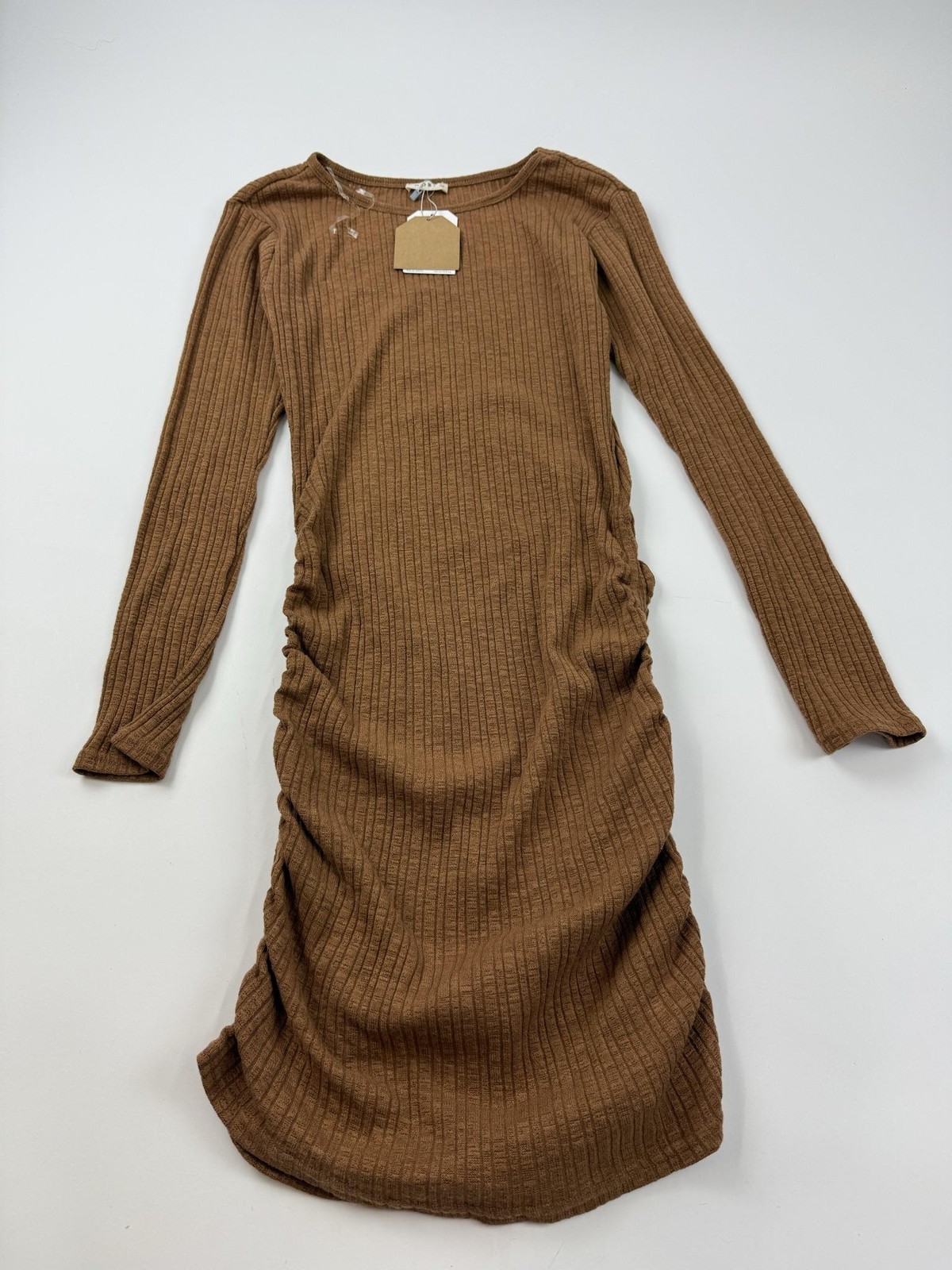 Kori Sweater Dress Womens L Brown Ribbed Knit Ruched Long Sleeve Bodycon
