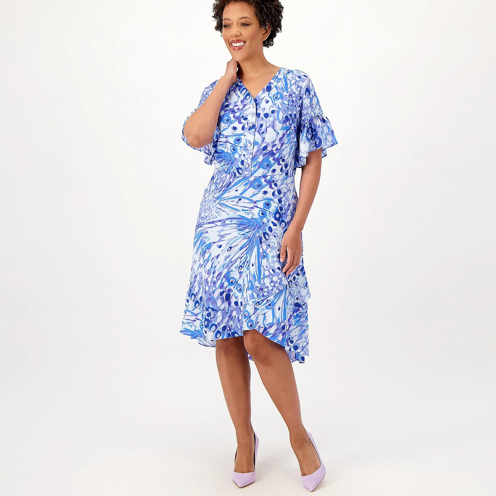 Isaac Mizrahi Live! Sz M Printed Crepe Midi Dress w/Ruffle Detail BLUE A574839