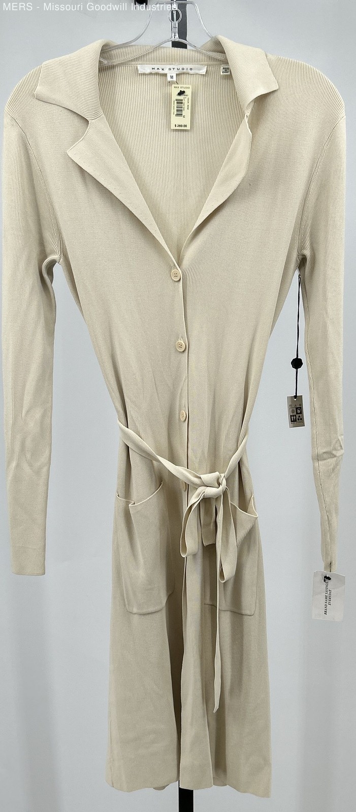 Max Studio Women’s Beige Ribbed Button Down Dress Medium Long Sleeve Tie Waist