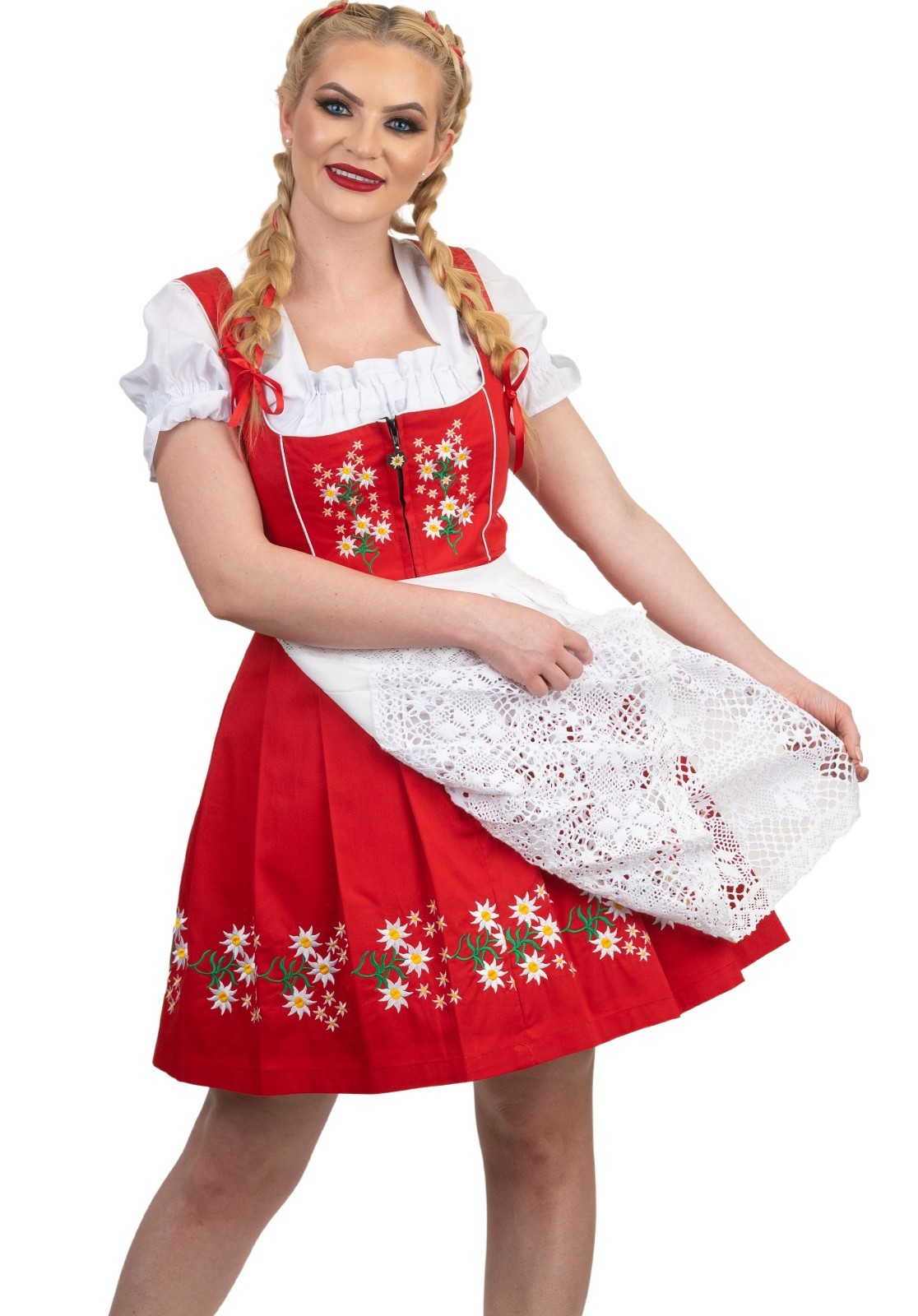 XS 2 German Dirndl Dress EMBROIDERED Short Oktoberfest COTTON Party 3 PIECE SET