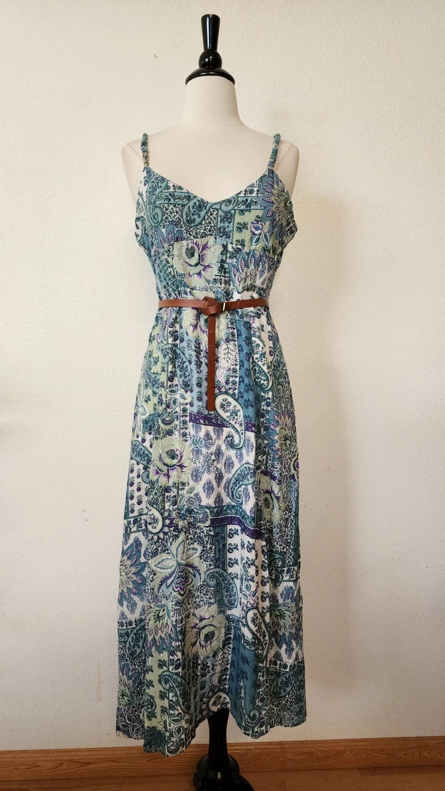 New Anthro Maxi Dress New Size Large Blue Floral Paisley Cut Out Coquette