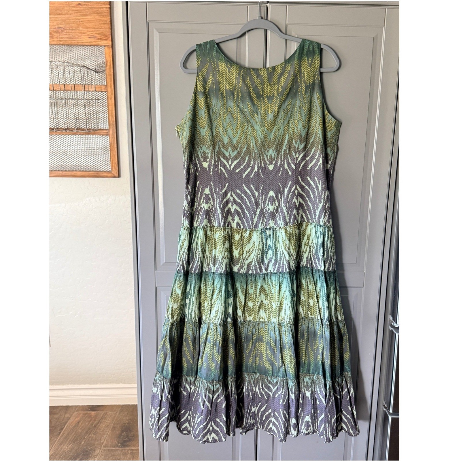 Reba Ikat Beaded Neckline Sleeveless Tiered Midi Dress ,Green Purple 10