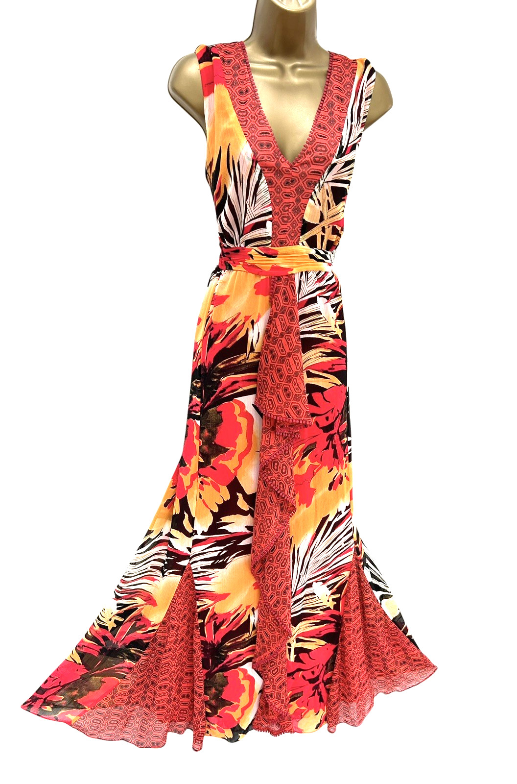 Per Una Maxi Dress Size 18 Long Orange Red Sleeveless Belted Full Length M&S