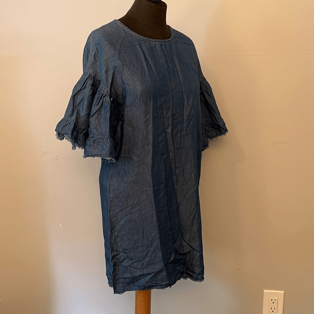 Style Envy Women’s Blue Chambray Ruffle Sleeve Frayed Shift Dress