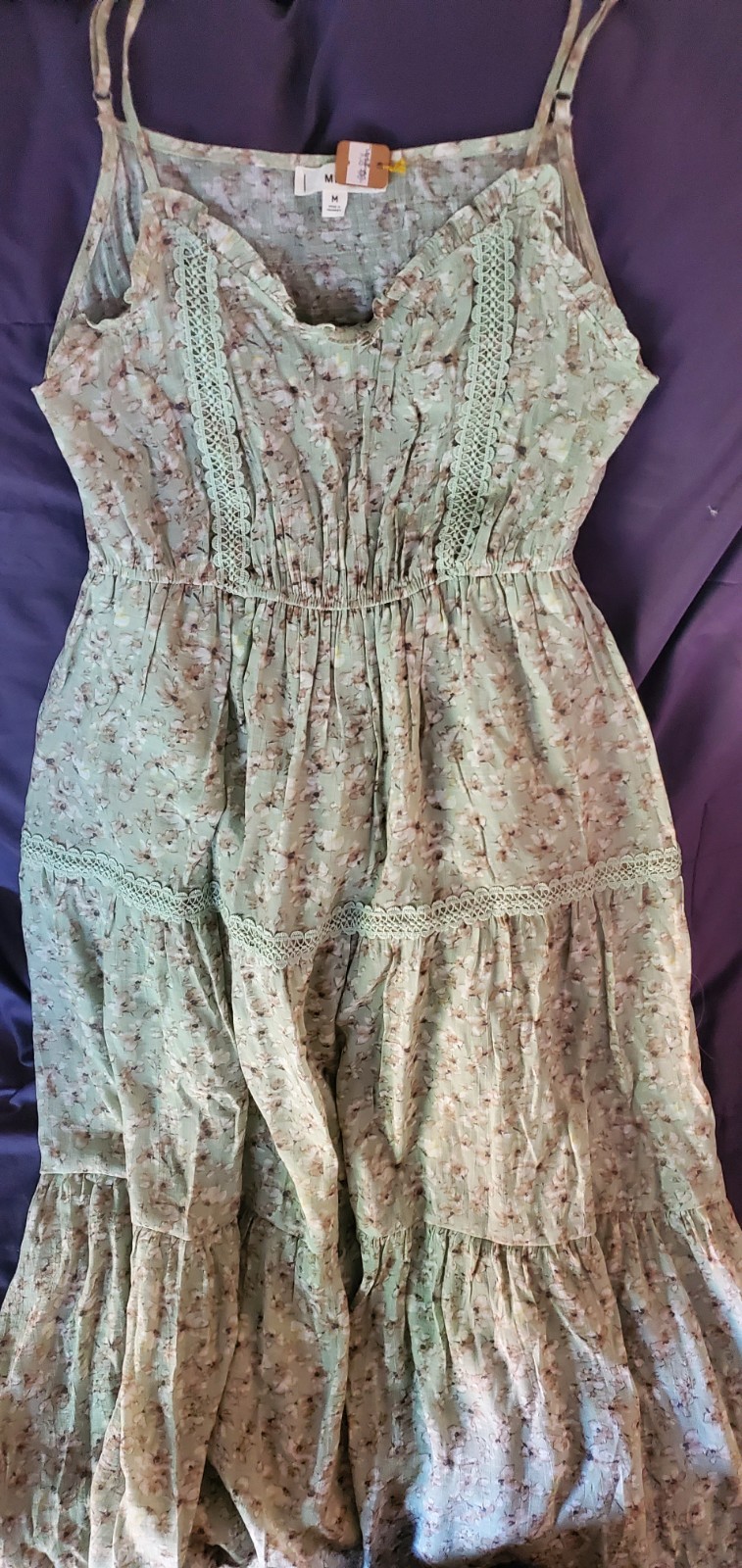 MINE Floral Boho Festival Spring Maxi Dress Mint Green Tiered Lace Trim SZ M