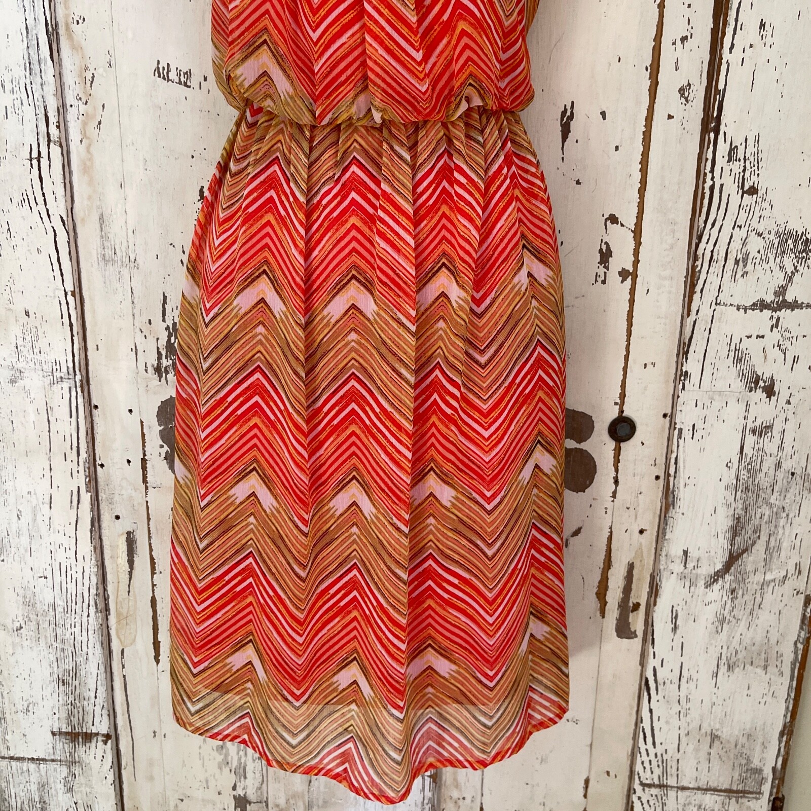 AB Studio Size Small Womans Pink Yellow Red White Brown Chevron Sundress Dress