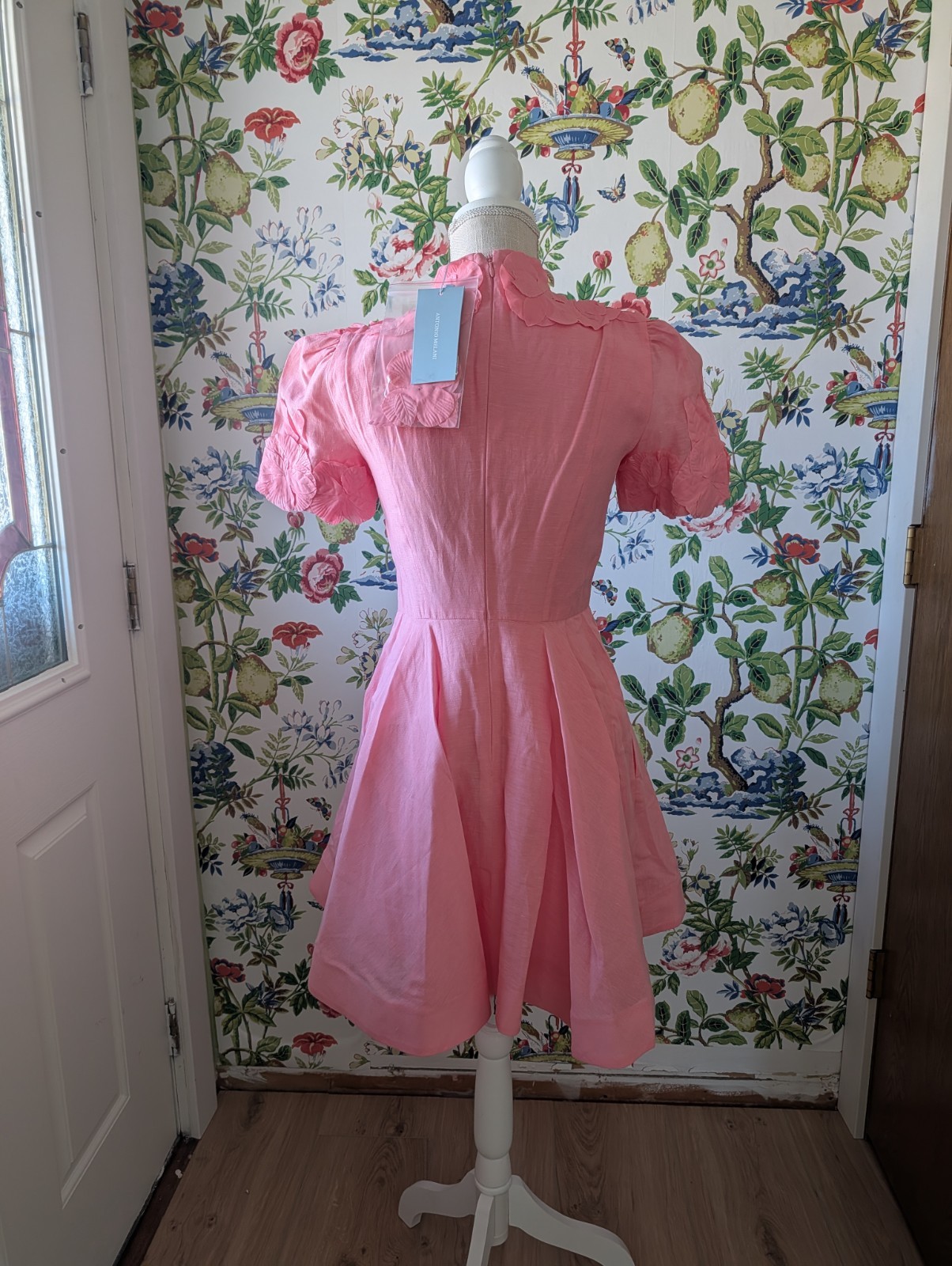 Antonio Melani Pink Iris Linen Mock Neck Mini 3D Floral Dress