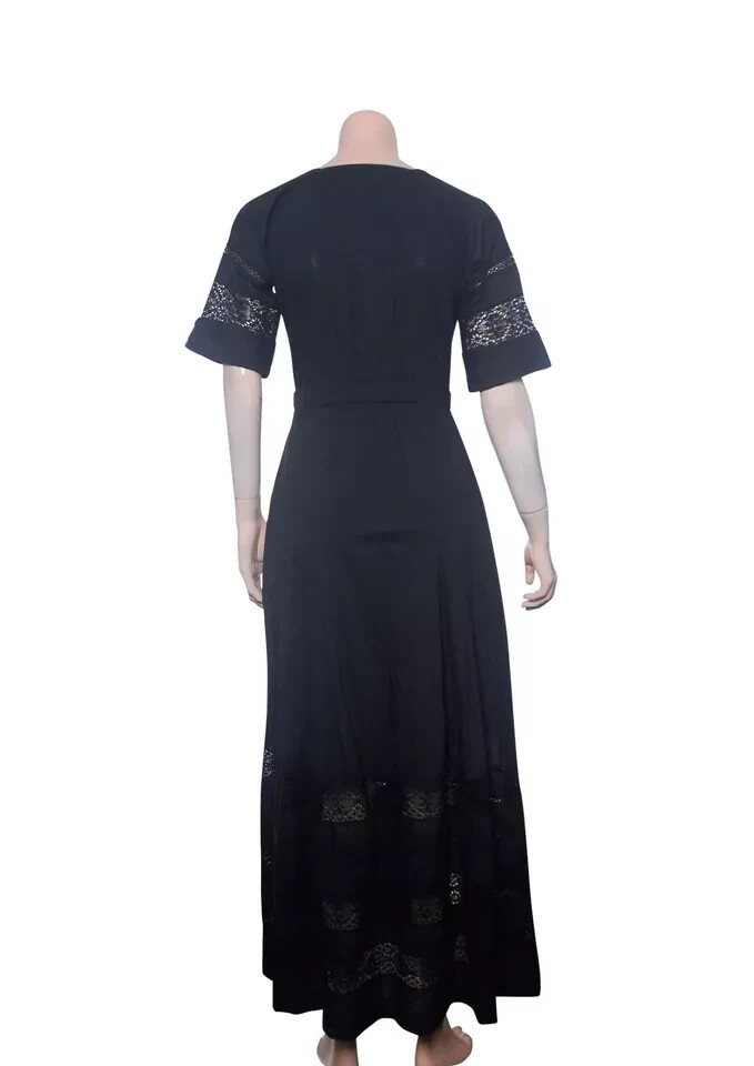 LoveShackFancy Edie Dress M 8 Pintuck Buttondown Lace Black Cotton Midi NW 42432