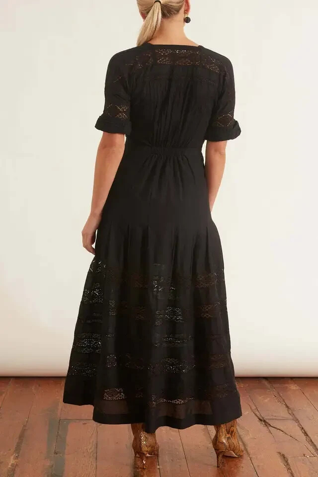 LoveShackFancy Edie Dress M 8 Pintuck Buttondown Lace Black Cotton Midi NW 42432