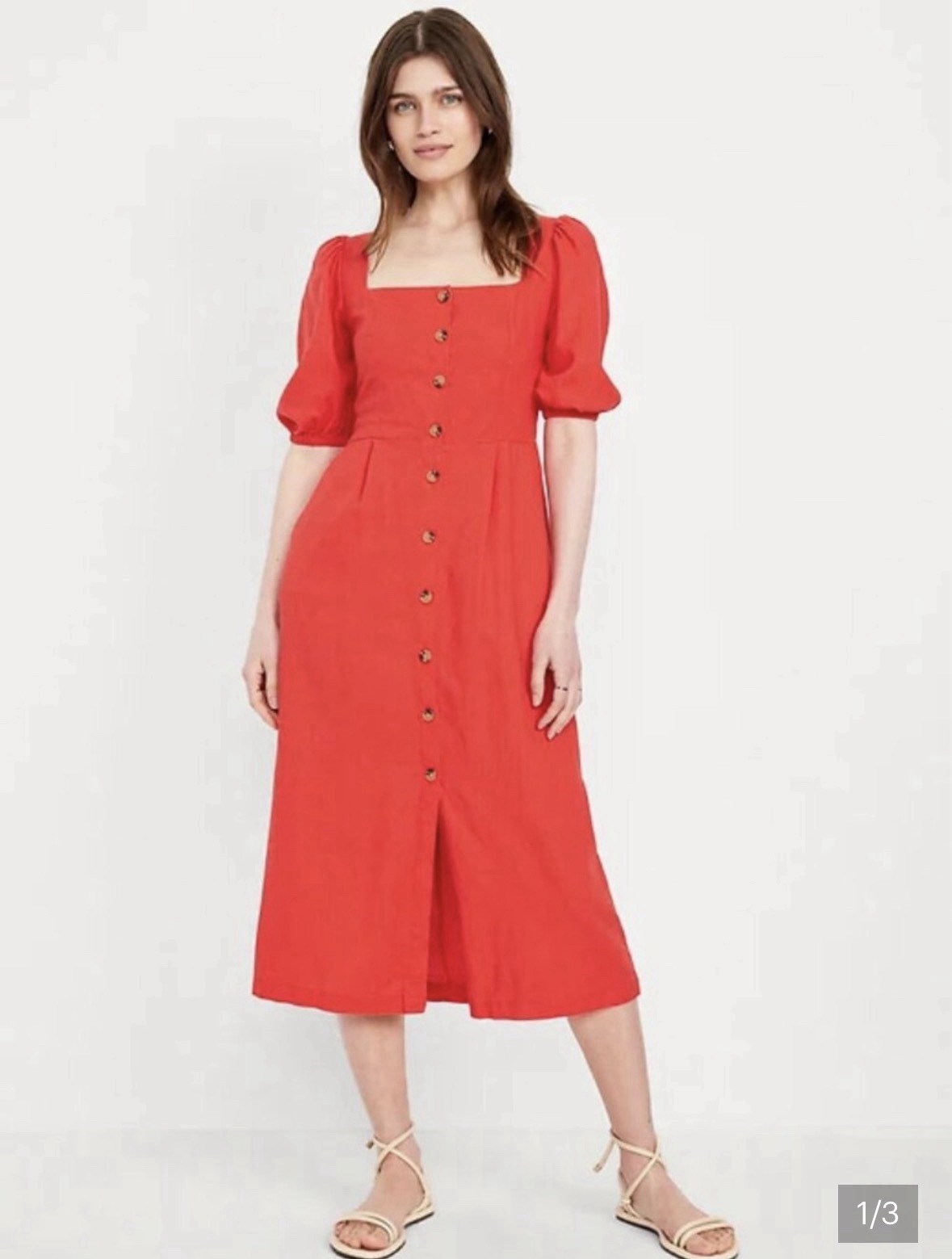 Old Navy Linen Blend Bright Coral Button-Front Smocked Back Midi Dress TALL XL
