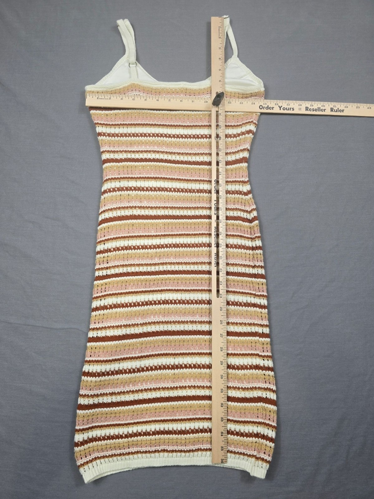 Striped Beige & Brown Crochet Knit Midi Bodycon Dress Size M Pink Rose