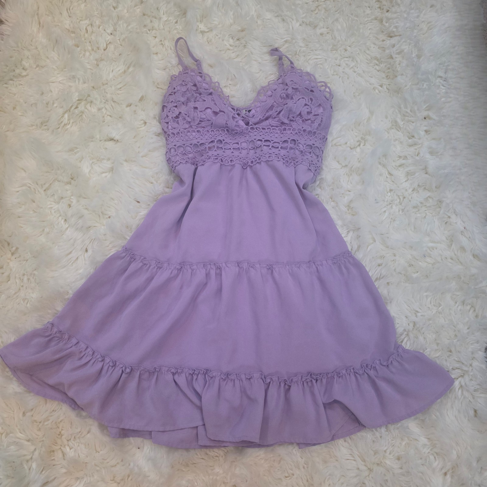 LOVE 83 Lavender Lace Mini Dress Size L Tiered Ruffle Smocked Back Boho Fairy
