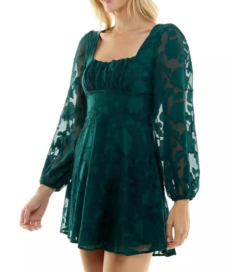 Crystal Doll ,Hunter Green, Sheer Long sleeve, gathered front, Mini Dress L NWT