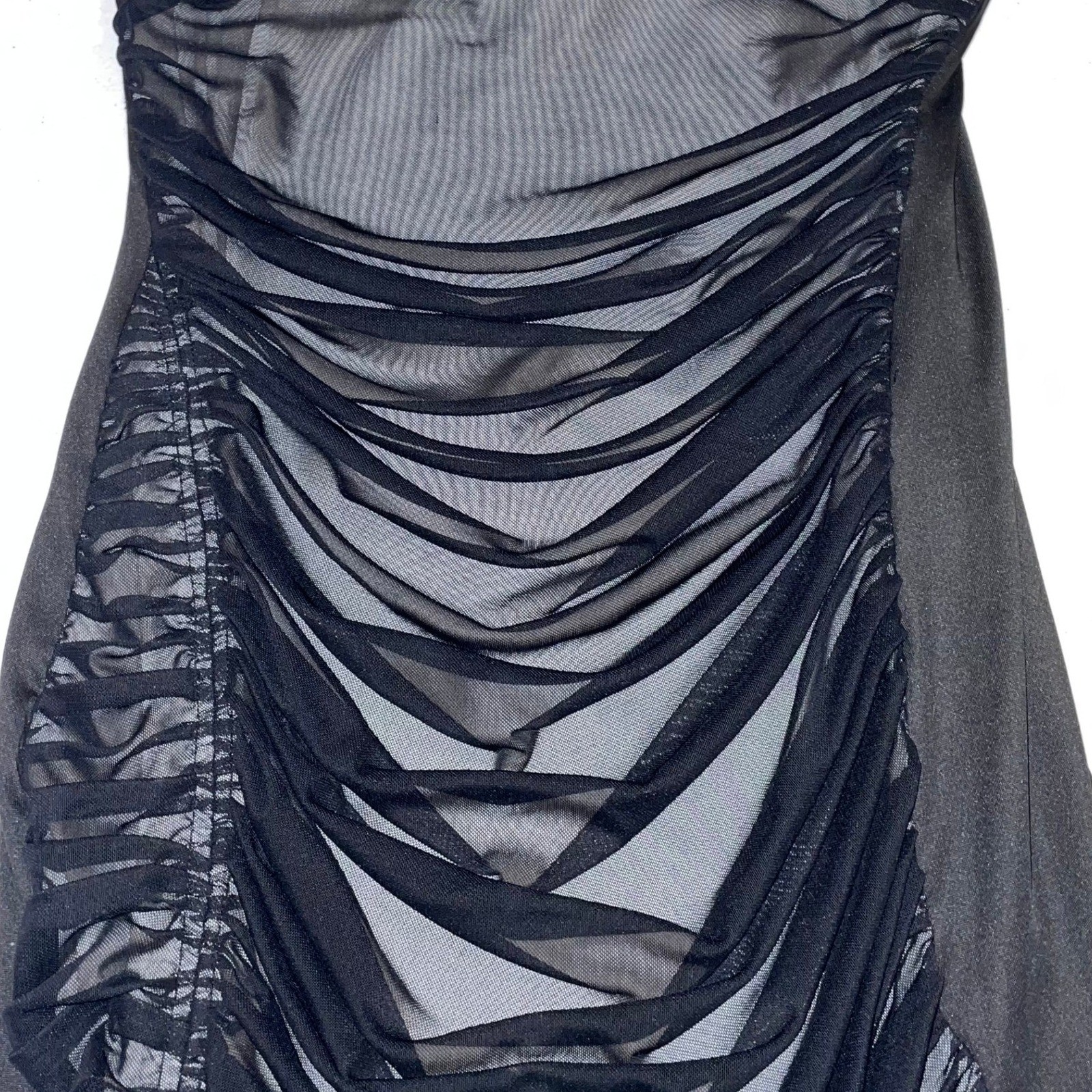 Y2K Black Ruched Mesh Mini Dress Bodycon Sheer Club Party Going Out Dress