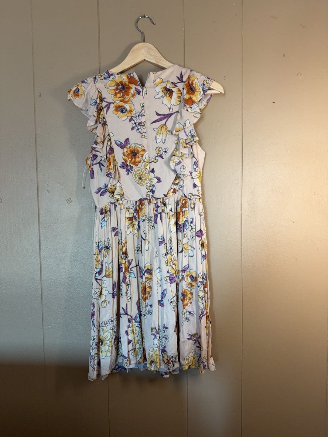 Basil & Lola Floral Print Ruffle Cap Sleeve Lace-Up Dress