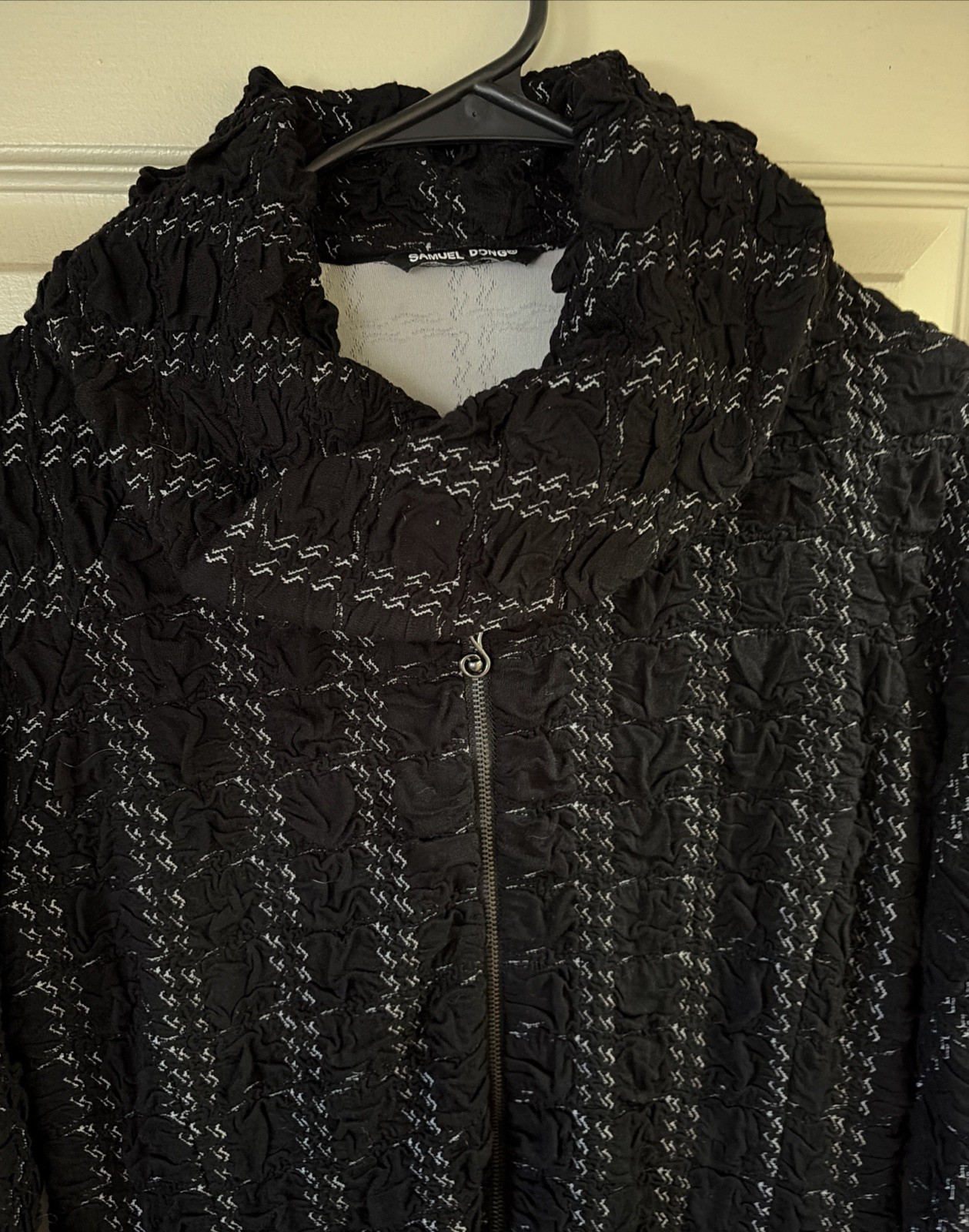 Samuel Dong Black/white Zip Front Dress Coat Sz M Long Sleeve A Line Minimalist