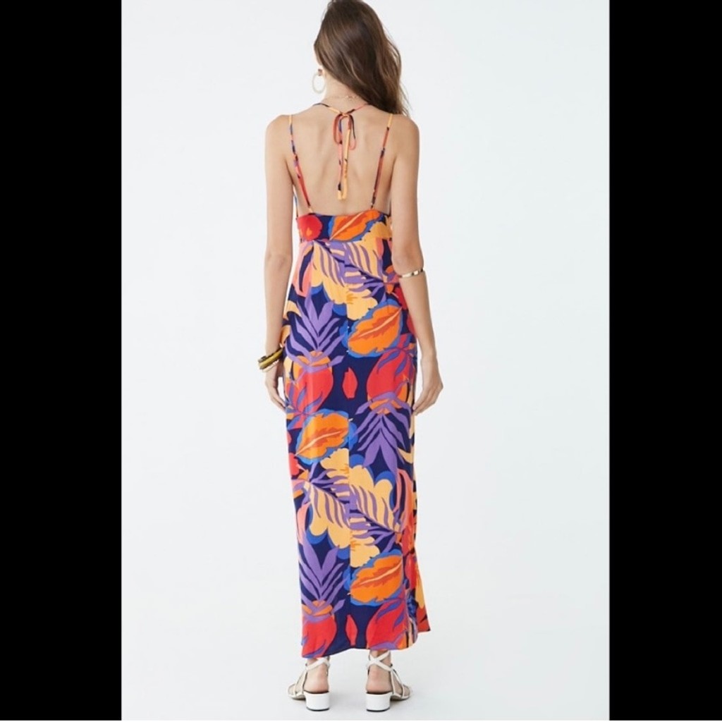 Forever 21 Contemporary Tropical Floral Maxi Mini Dress Side Slit Open Back XS