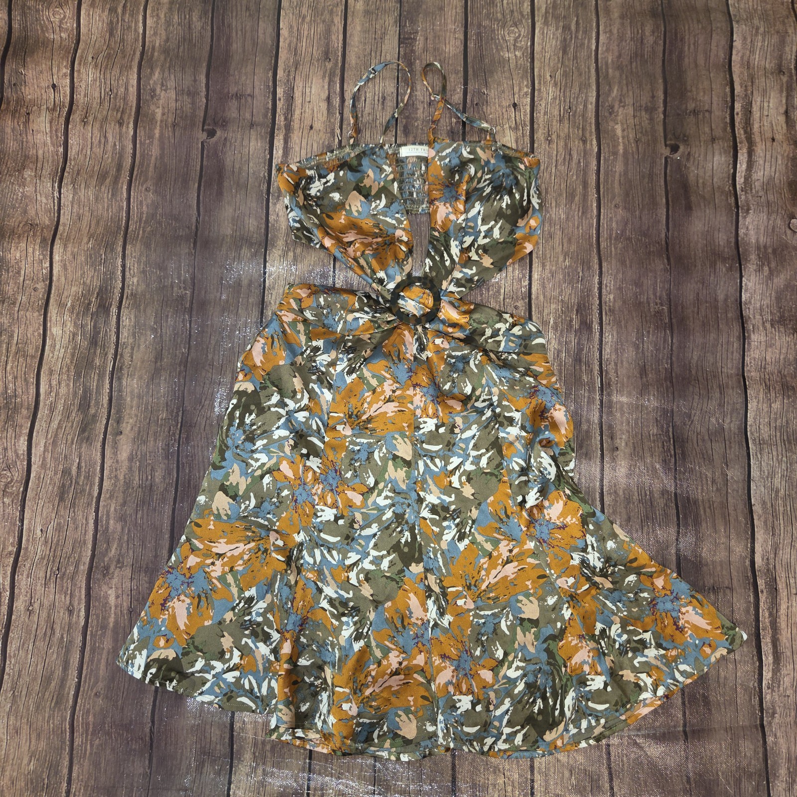 12th Tribe Satin Cut-Out Artsy Mini Dress Women M Brown Green Boho Y2K Resort
