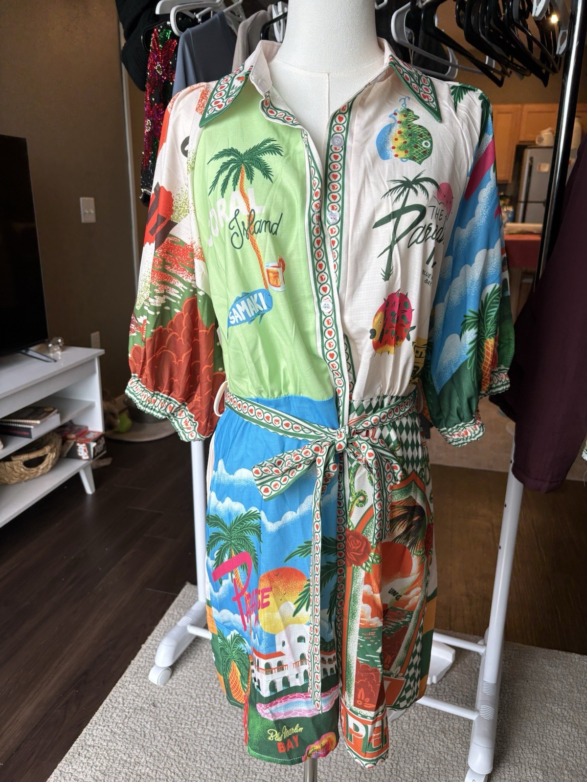 Tropical Patchwork Mini Dress XL Resort Print Designer Inspired Puff Sleeve