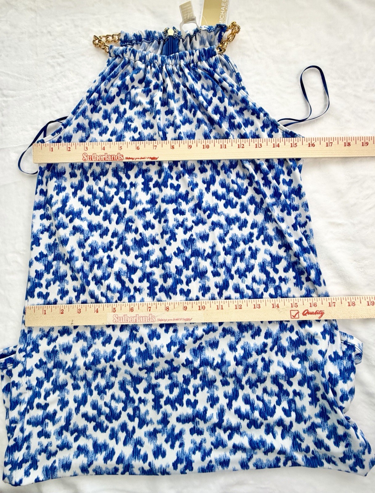 NWT MICHAEL Michael Kors Gold Chain Neck Halter Dress Twilight Blue Abstract S