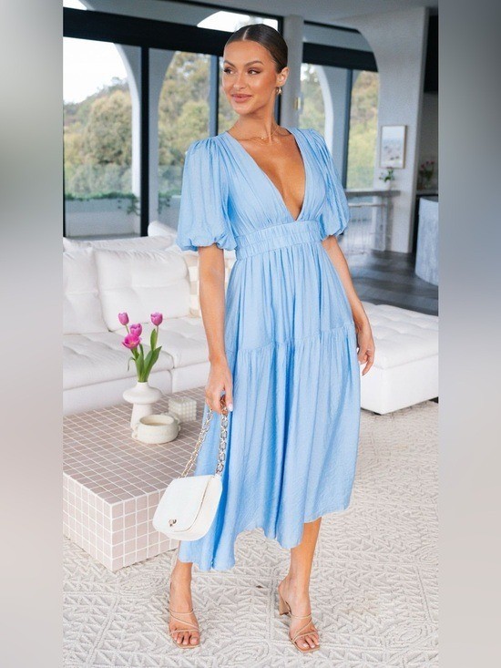 NEW Billy J Erin Tiered Plunge V Neck Midi Dress in Sky Blue Size 8 NWT $110