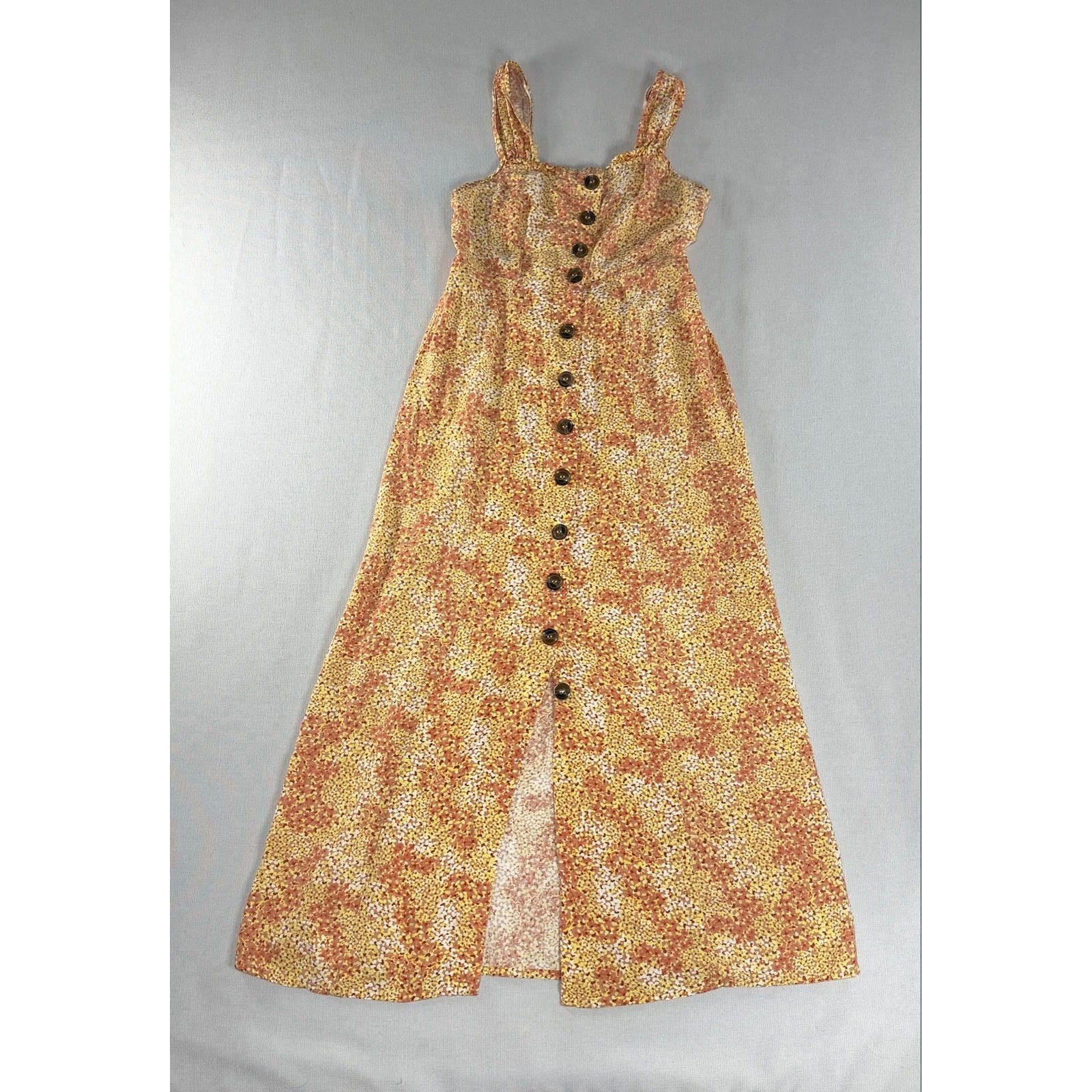 Yellow Orange Floral Button Down Midi Dress Smocked Back Sleeveless Square Neck
