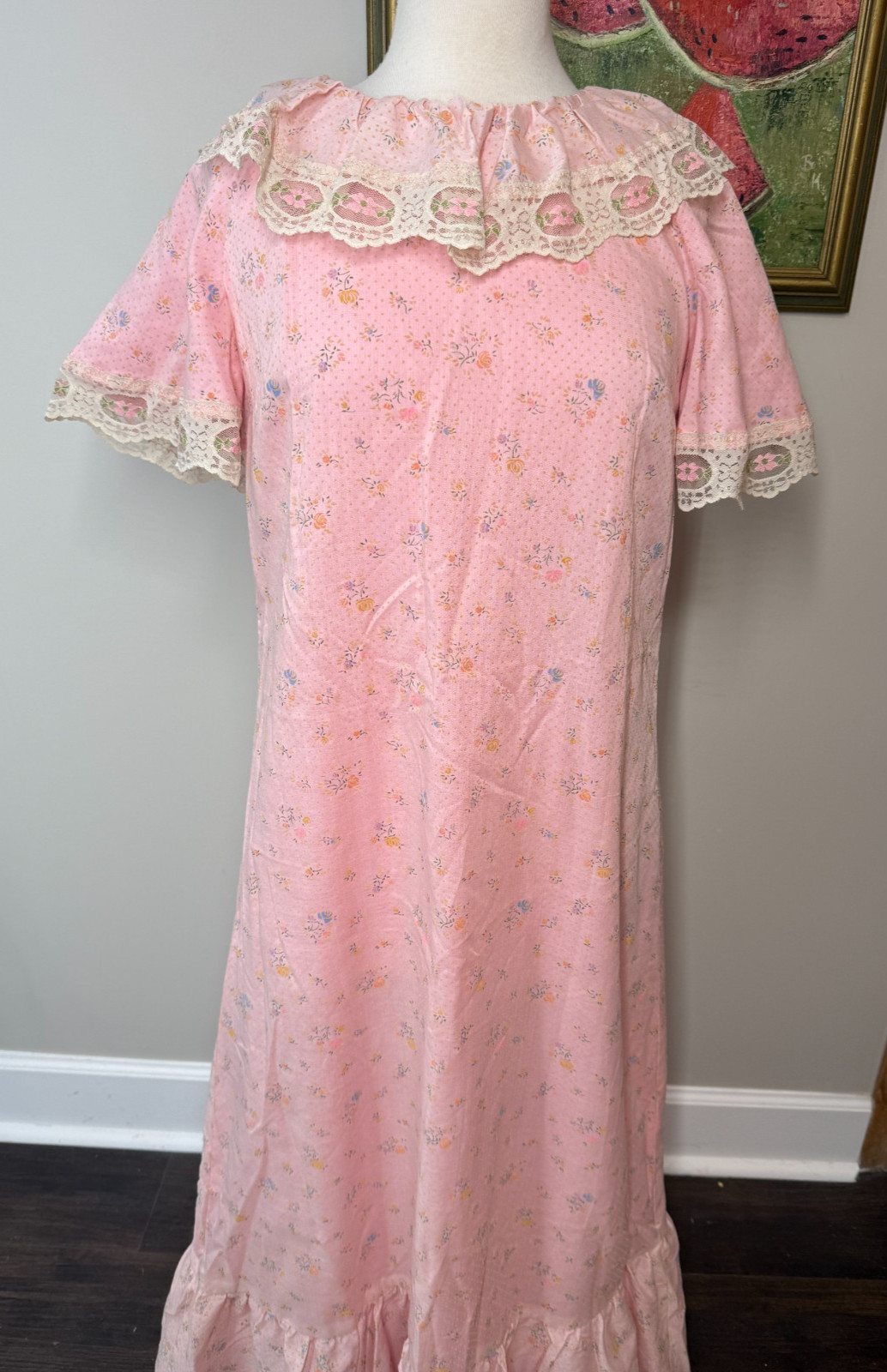 Vintage 1940’s Ruffle Neck Shirt Dress Pink & White Size M Handmade Lace Ditzy
