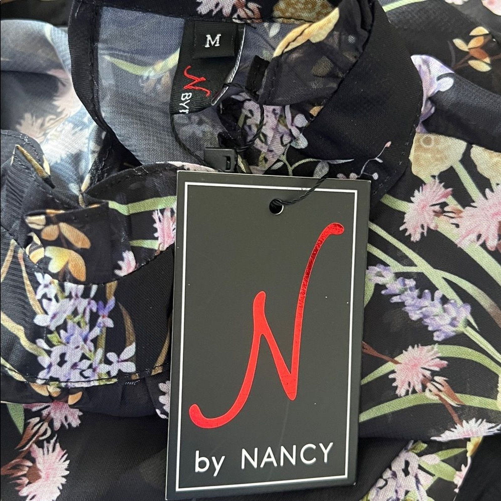 N by Nancy Black Floral Tiered Long Sleeve Ruffled Midi Dress Medium