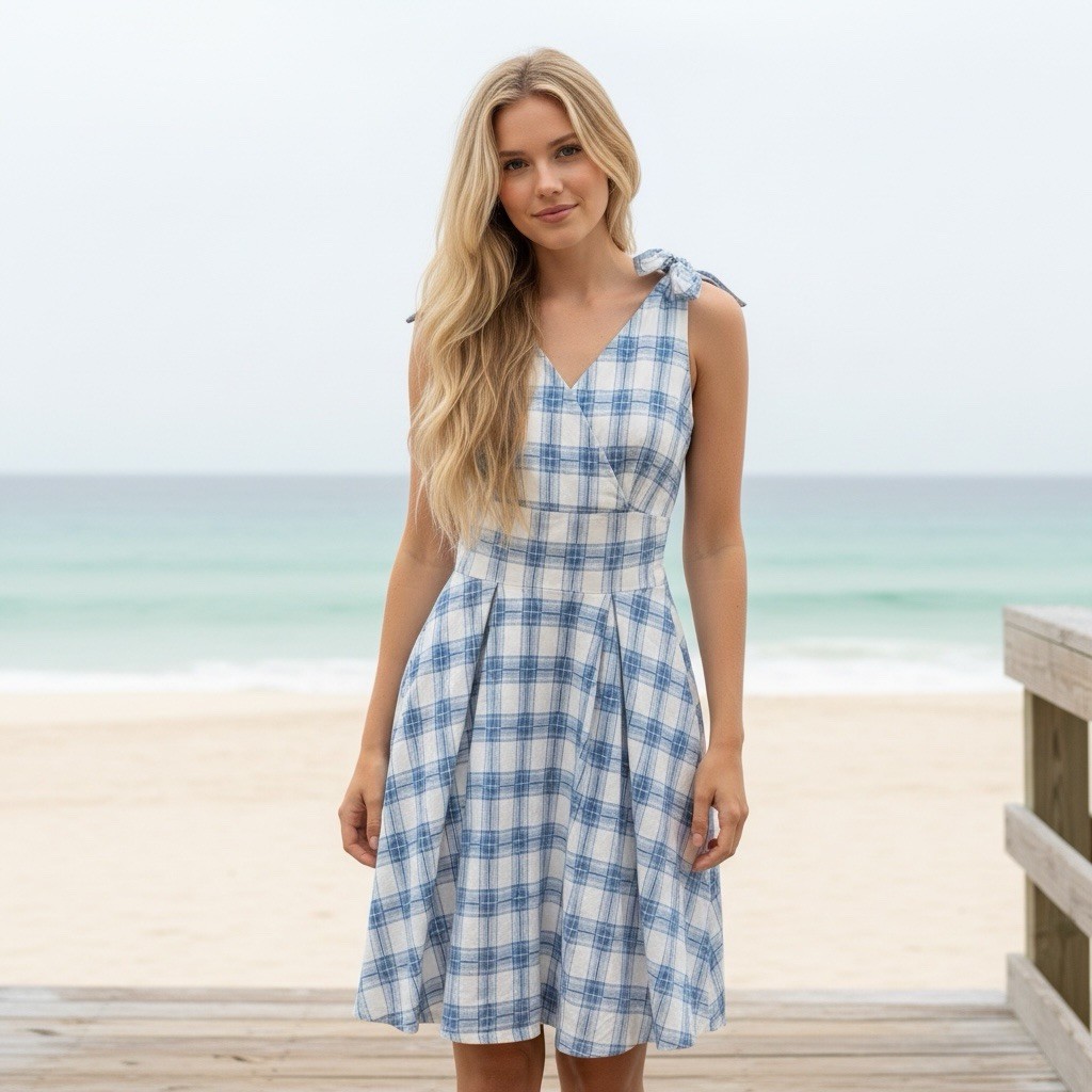 Gown Town Sz L Blue White Plaid Fit & Flare V-neck Dress Cottagecore Coastal