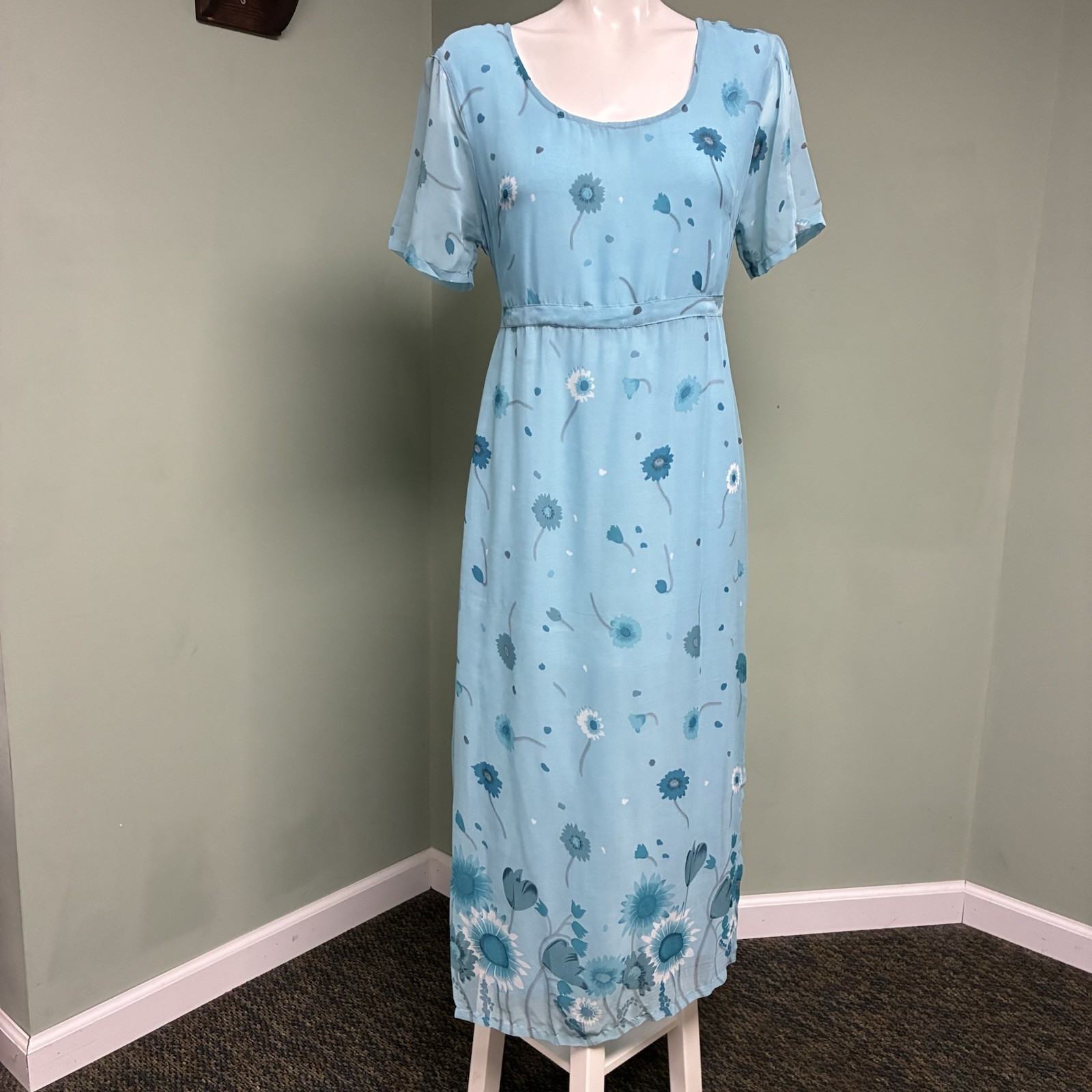 Vintage Sacred Threads Chiffon Maxi Dress M/L Floral Daisy Blue Semi-Sheer Y2K
