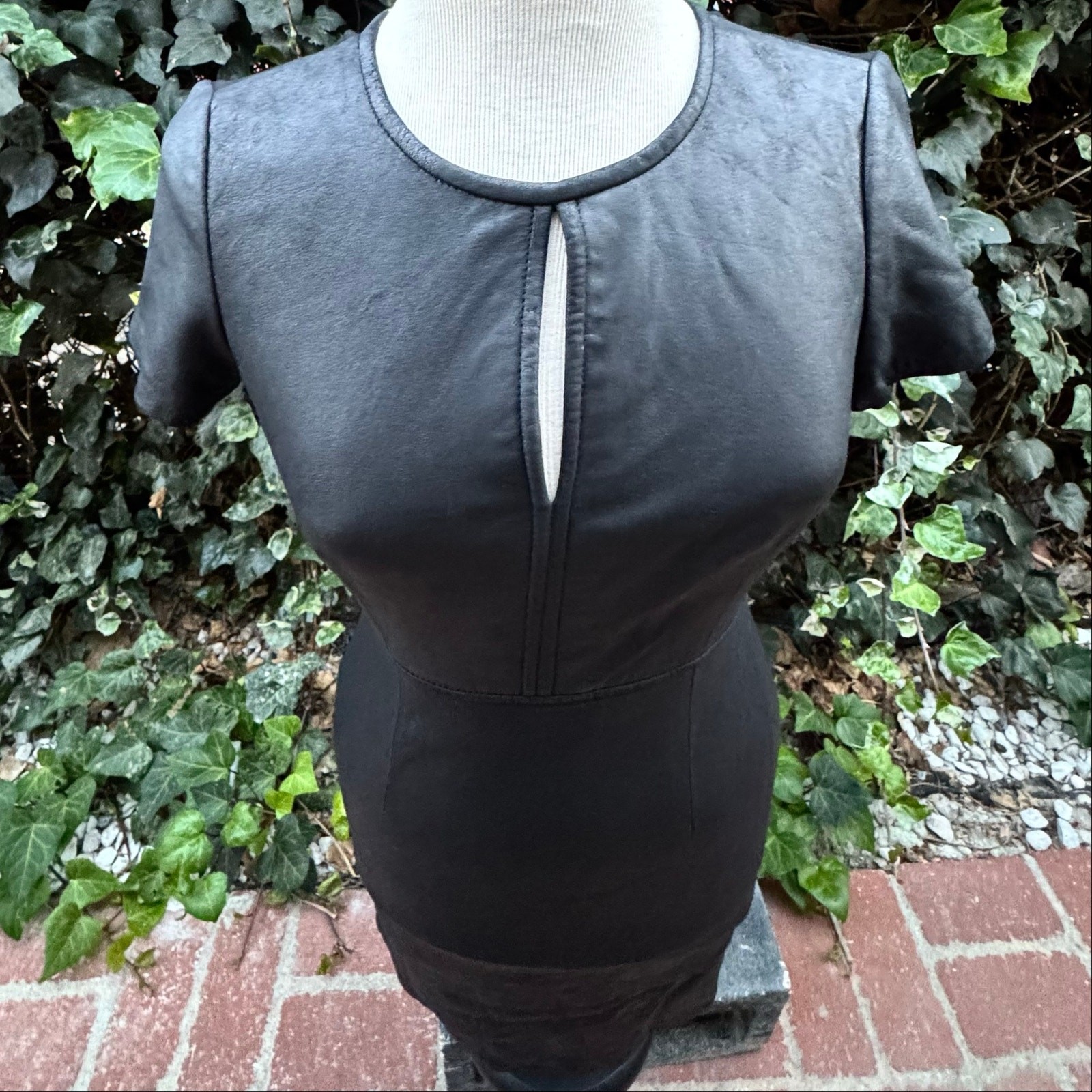NWT My Tribe Mini Dress, Black Leather Shell, Stretch, Keyhole Round Neckline