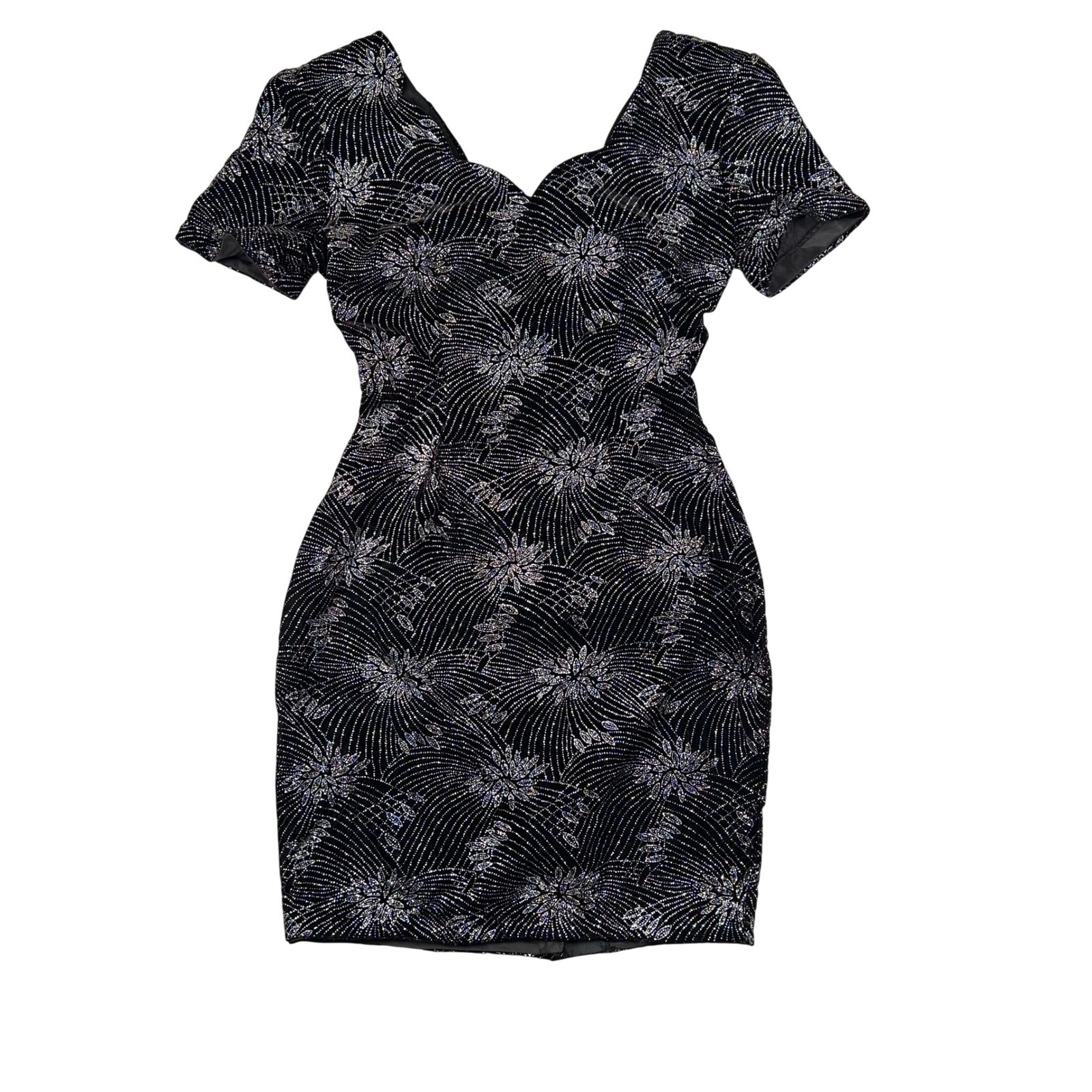 Mayvens Of California Black Sparkle Party Dress Short Sleeve V Neck