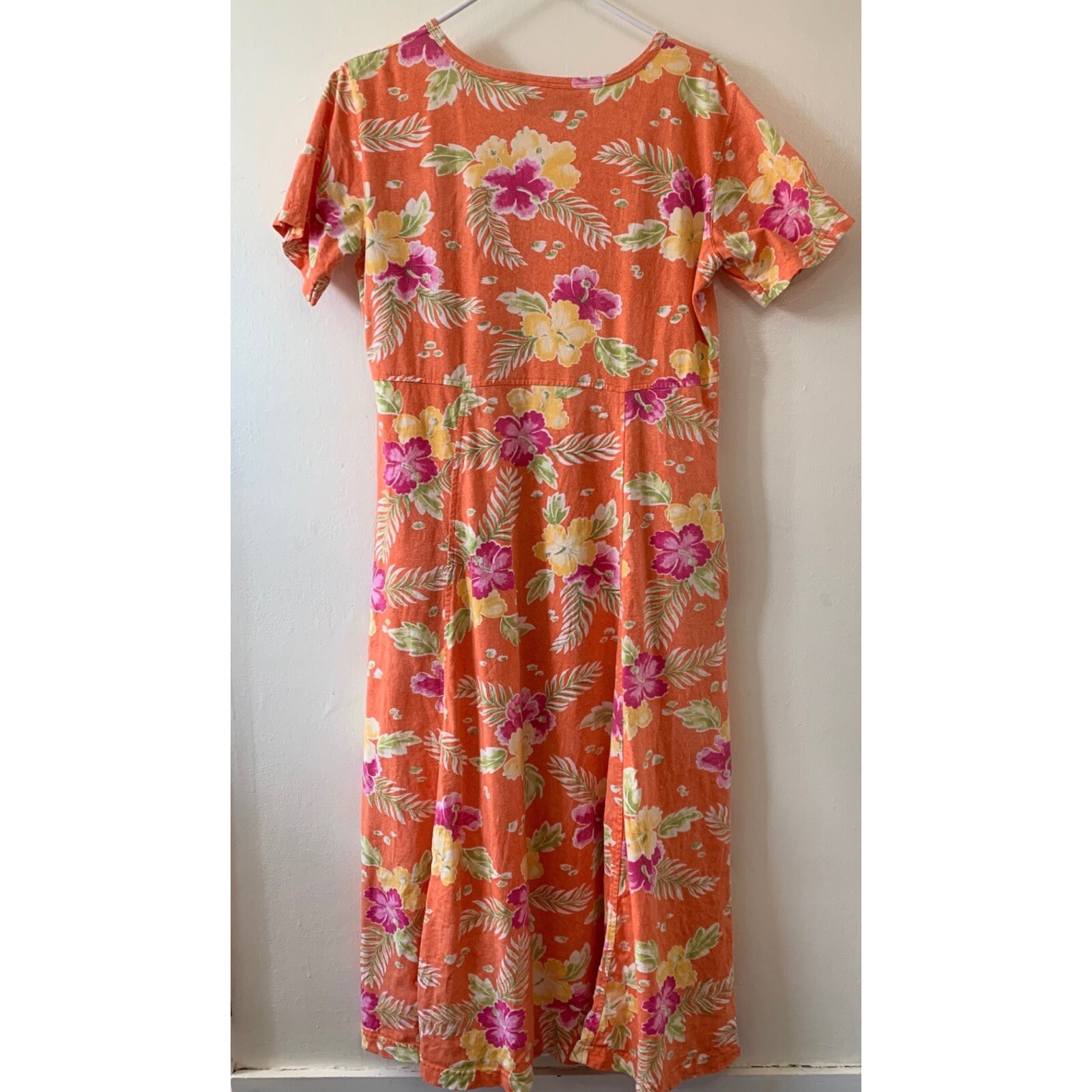 Vintage 1990s Capacity Knits Orange Tropical Floral Maxi Dress Size Medium